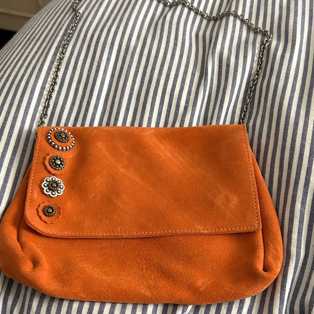 Orciani made in Italy Orange Suede Bag with Decorative Studs chain strap